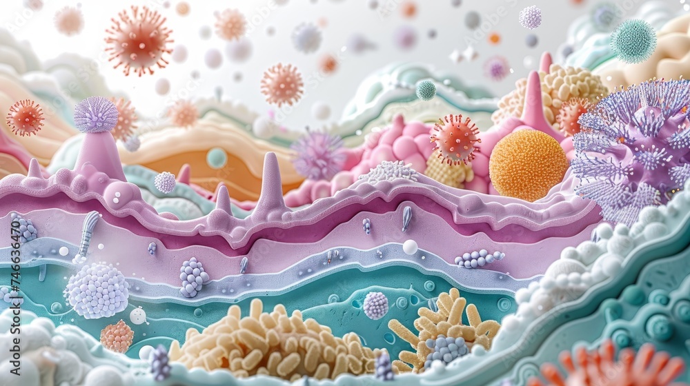 Artistic of intestinal flora with various beneficial and pathogenic microorganisms in a dynamic environment. - obrazy, fototapety, plakaty 