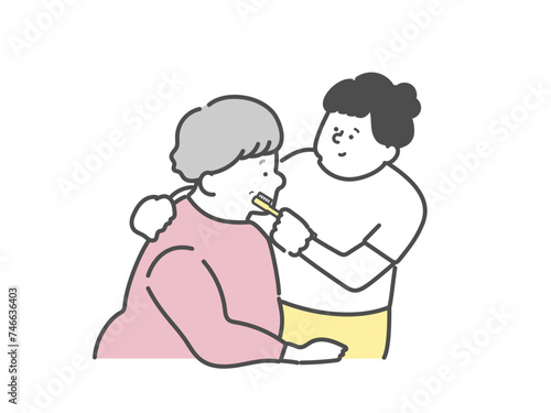 高齢女性の口腔ケアをする女性介護士 歯磨きイラスト