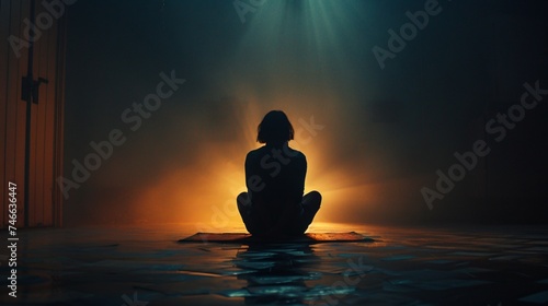 Woman sitting alone in dim light with copyspace for messages on mental health awareness and support © Sara_P