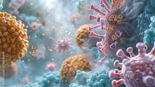 Detailed visualization of antibodies binding to viruses in an immune response at the microscopic level.