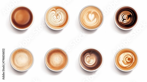 Many cups with tasty aromatic coffee on white background. Neural network AI generated art