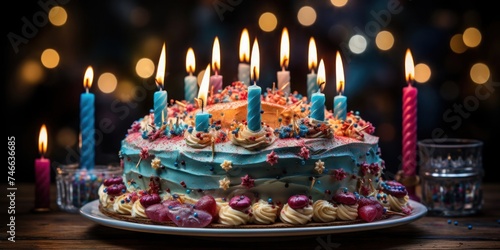 Birthday Cake With Lit Candles on Table Generative AI