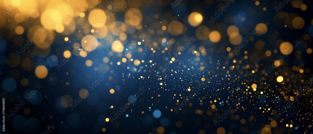 Blue and Gold Abstract Background with Shimmering Particles, Festive Christmas Bokeh Lights. Elegant Dark Blue Texture with Gold Foil Shine for Holiday Design Projects