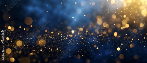 Glamorous Dark Blue and Gold Particle Background, Sparkling Christmas Bokeh Lights on Navy Blue with Gold Foil Texture. Luxurious Holiday Concept for Design and Decoration