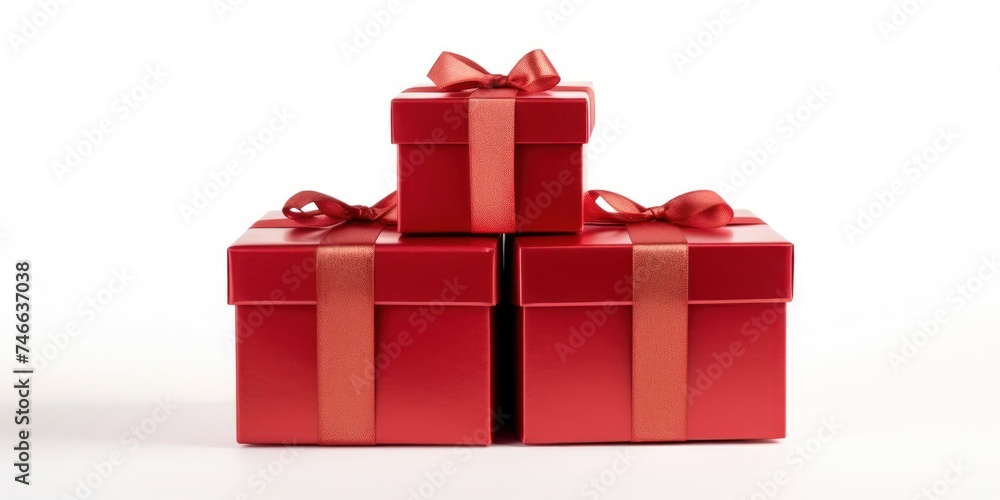 Obraz premium Stack of Red Gift Boxes With Bows Generative AI