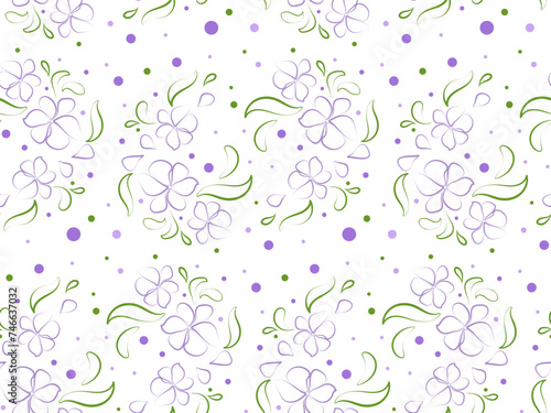 Seamless floral pattern of purple flowers and green leaves with lines. Vector endless background in flat minimalistic style for the design of banners, cards, posts, social networks, holidays, , textil