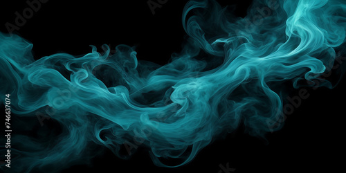 Abstract composition featuring dynamic swirls of smoke in shades of jade and topaz against a backdrop of rich, velvety black.