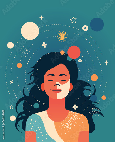 woman in a meditative state smiling and having calm brain waves, calm concept, meditation concept, self conscious