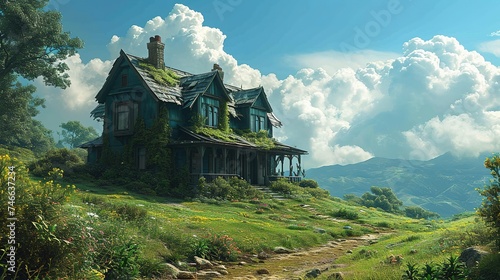a house on a green farmland, in the style of ethereal, dreamlike quality, green and blue