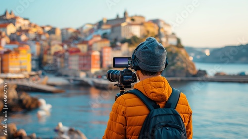 A travel content creator is recording content in different locations photo