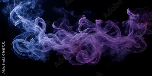 Photograph of intertwining tendrils of smoke in shades of sapphire and amethyst against a midnight sky.