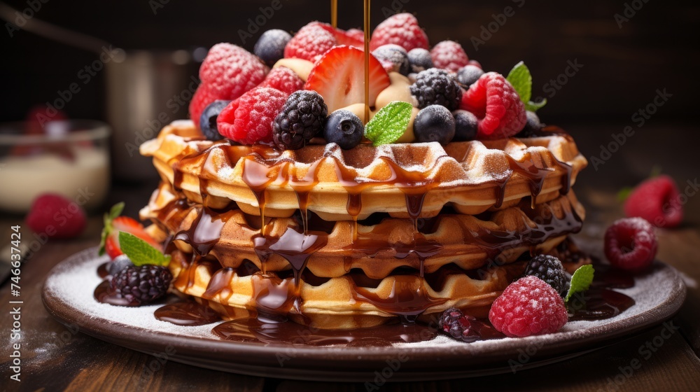 Plate of belgian waffles with ice cream, caramel sauce and fresh berries. Neural network AI generated art
