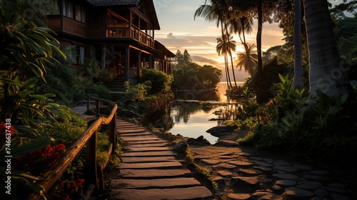 a house with palm trees and a wooden staircase leading to a lake with sunrise over it, i can't believe how beautiful this is, princesscore, rich and immersive, white and orange photo