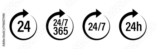 24 7 clock icon set on isolated white background
