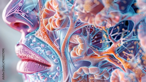 An intricate 3D illustration of the human inner ear structures and auditory pathways highlighted with vibrant colors. photo