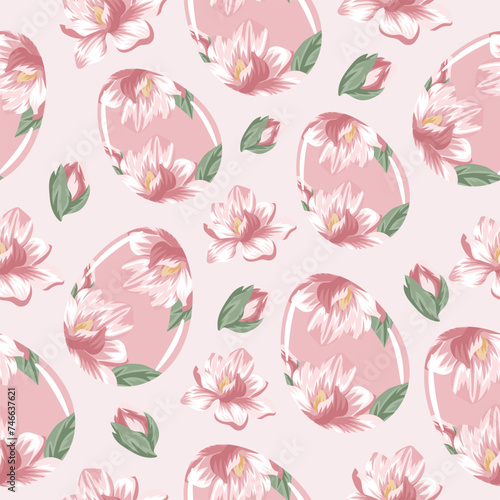 seamless pattern of easter eggs painted with floral motifs, namely open buds of pink magnolias on a pink background, for drawing, for posters or banners photo