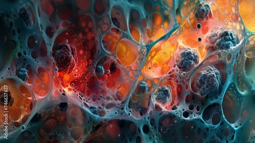 Artistic of a cellular microenvironment, showcasing an array of cells in various states and interactions.