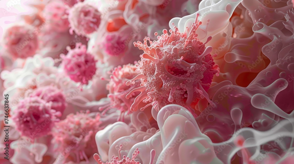 A 3D close-up illustration showing a cluster of cancer cells within human tissue, emphasizing the complexity and urgency of cancer research.