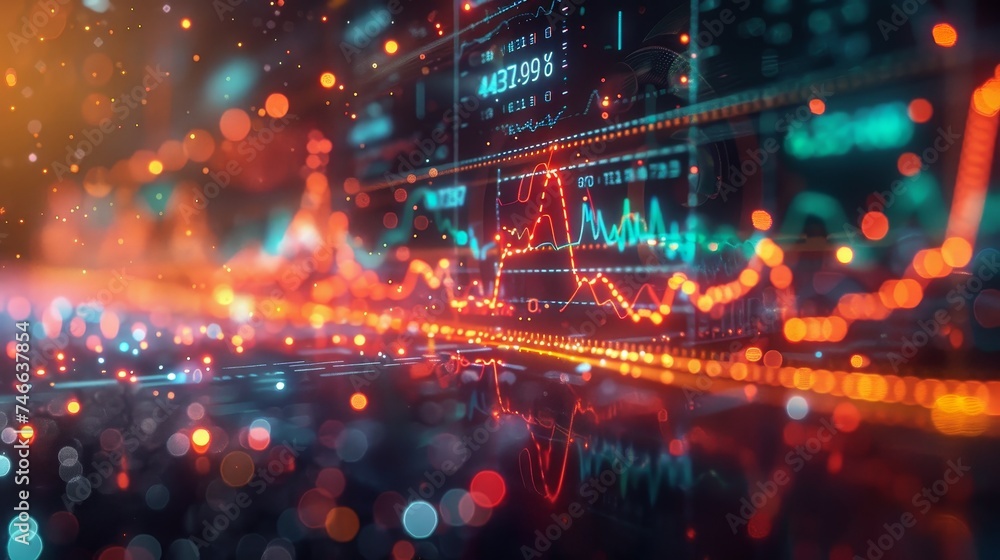 Fototapeta premium Abstract image of an electronic circuit board with glowing data streams, representing digital information flow and technology concepts.