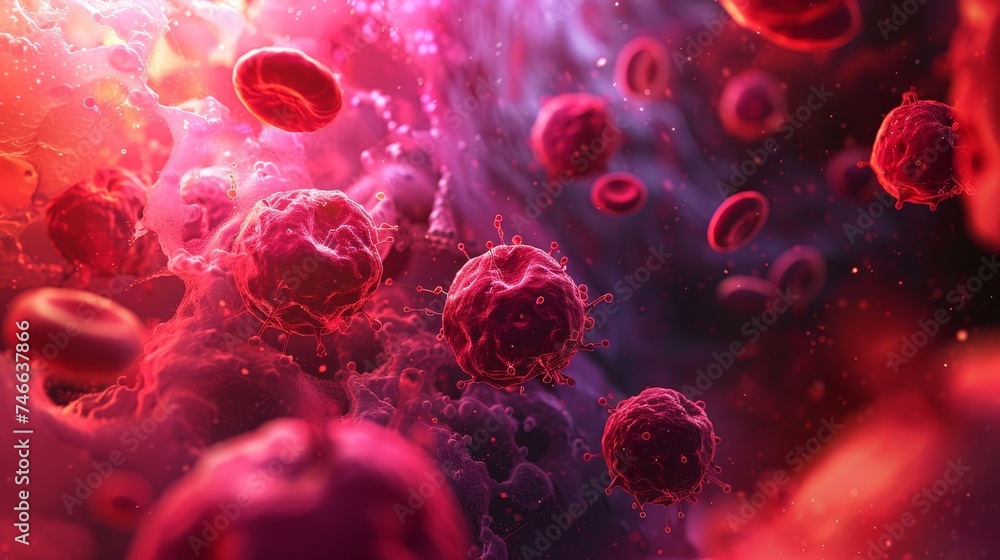 This high-resolution image captures the intense moment of virus infection among human blood cells, highlighting the urgency of medical intervention. This high-resolution image captures the intense moment of virus infection among human blood cells, highlighting the urgency of medical intervention.