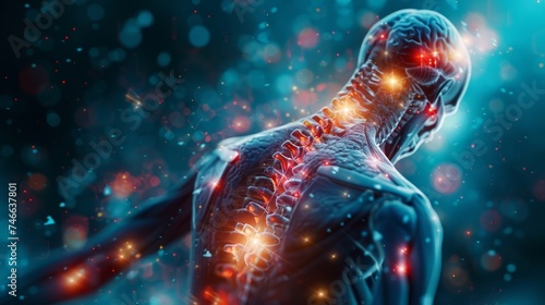 This image presents a detailed visualization of the human nervous system activity, highlighting the spinal cord and brain neurons firing.
