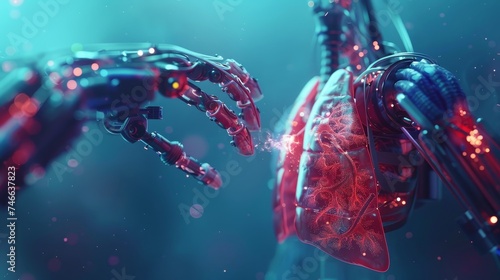 Futuristic concept of a robotic heart surgery, featuring a highly detailed robotic hand performing delicate procedures on a human heart. photo