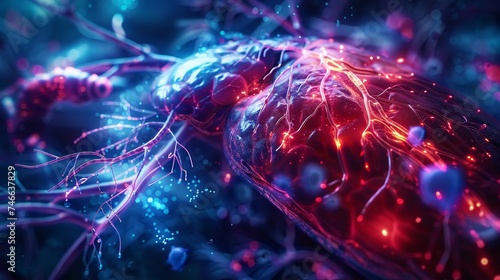 An electrifying 3D illustration that artistically captures the neuron activity around the human heart, highlighting the organ's electrical system.