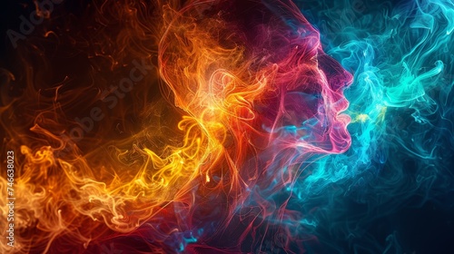 Abstract digital art showing a human profile with dual fiery and icy elements, symbolizing the contrast between passion and calmness.