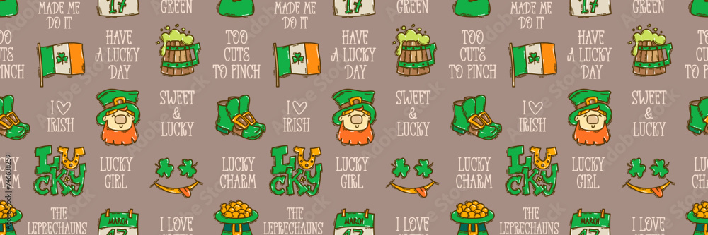 Fototapeta premium St Patricks Day seamless pattern background cute hand-drawn Irish holiday icons, symbols, and elements.