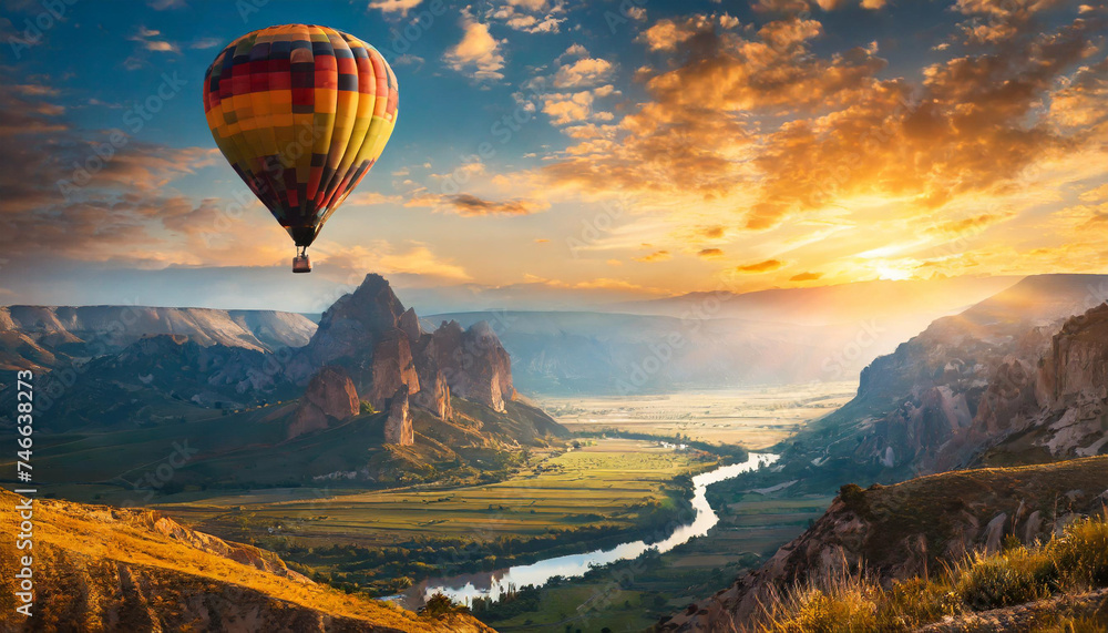 stunning landscape with hot air balloon soaring, symbolizing freedom, adventure, and wanderlust