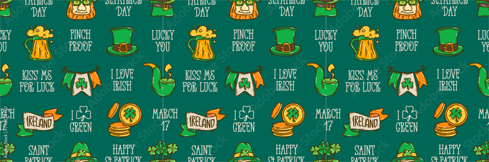 St Patricks Day seamless pattern background cute hand-drawn Irish holiday icons, symbols, and elements.