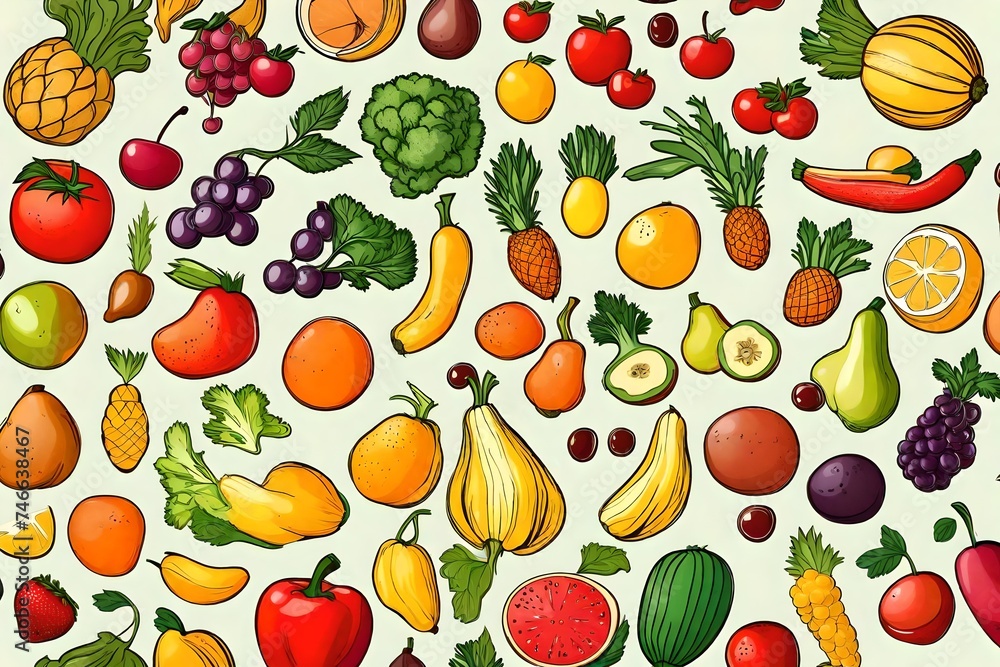 Set of fruits and vegetables Vector fruits and vegetables icon set isolated on white background. Vector illustration.