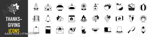 Set of thanksgiving Icons. Simple solid style icons pack. Funny pilgrims, native American, turkey, animals, harvest, cornucopia, pumpkins, trees vector illustration
