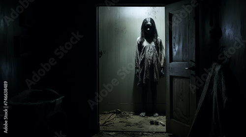 A scary little girl ghost in an abandoned house standing in front of a door bright light creates contrasting shadow