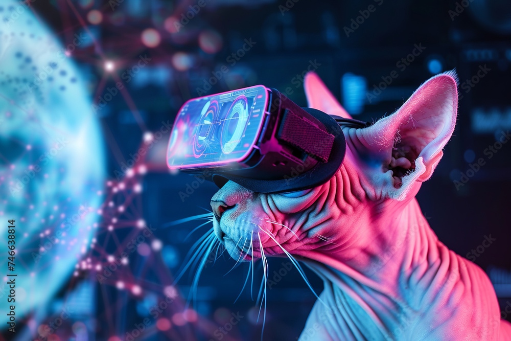 Sphynx cat wearing virtual reality glasses in futuristic setting, retro-futuristic cyberpunk, neon, red, blue, Sphynx cat wearing virtual reality glasses in futuristic setting, retro-futuristic cyberpunk, neon, red, blue,