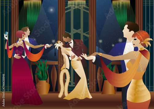 Man and woman dancing on the background of a balcony and lanterns, party, art deco, couple in retro style