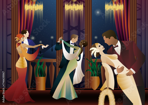 Man and woman dancing on the background of a balcony and lanterns, party, art deco, couple in retro style