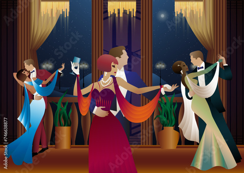 Man and woman dancing on the background of a balcony and lanterns, party, art deco, couple in retro style