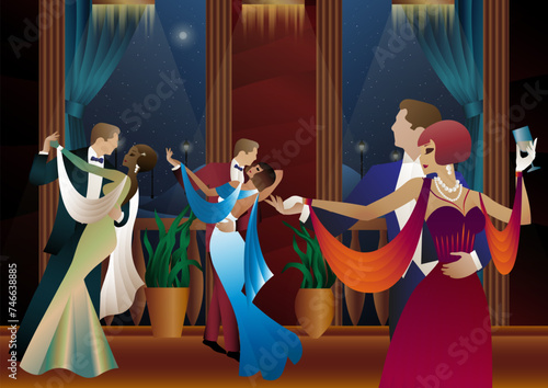 Man and woman dancing on the background of a balcony and lanterns, party, art deco, couple in retro style