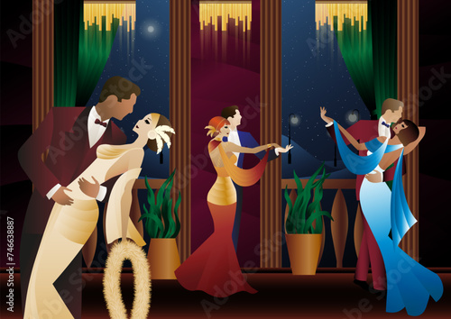 Man and woman dancing on the background of a balcony and lanterns, party, art deco, couple in retro style