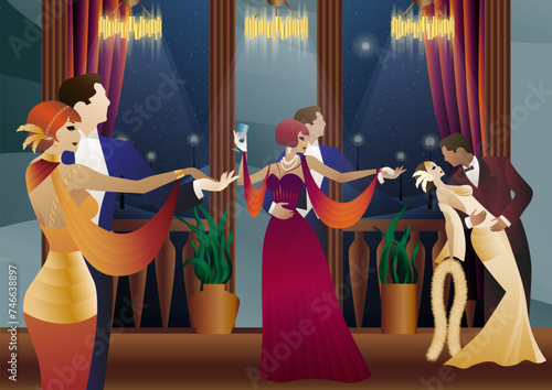 Man and woman dancing on the background of a balcony and lanterns, party, art deco, couple in retro style