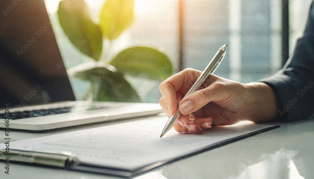 woman's hand signing business contract, symbolizing commitment and agreement woman's hand signing business contract, symbolizing commitment and agreement