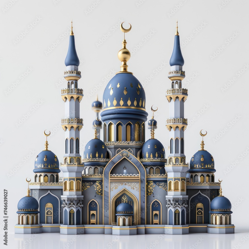 A 3D Islamic mosque, adorable toy realistic, in dark blue and gold, for Ramadan Kareem design theme and wallpaper