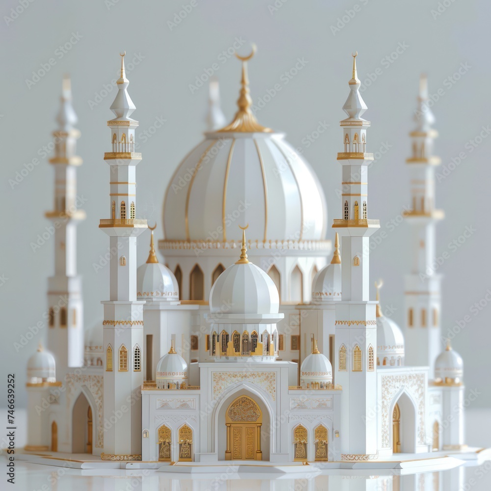 A 3D Islamic mosque, adorable toy realistic, in white and gold, for Ramadan Kareem design theme and wallpaper