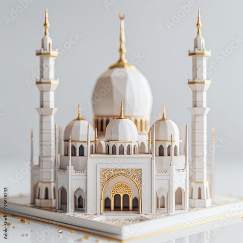 realistic 3D Islamic mosque toy, adorned in white and gold, perfect for Ramadan Kareem design themes and wallpapers