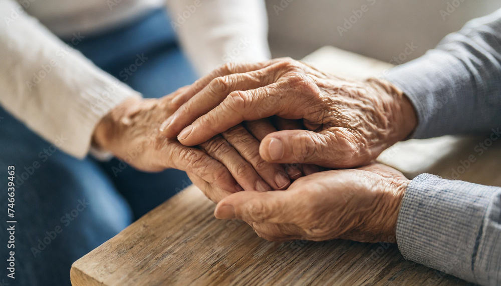 Fototapeta premium Affectionate elderly woman covers husband's hands, symbolizing enduring love and care in aging relationship