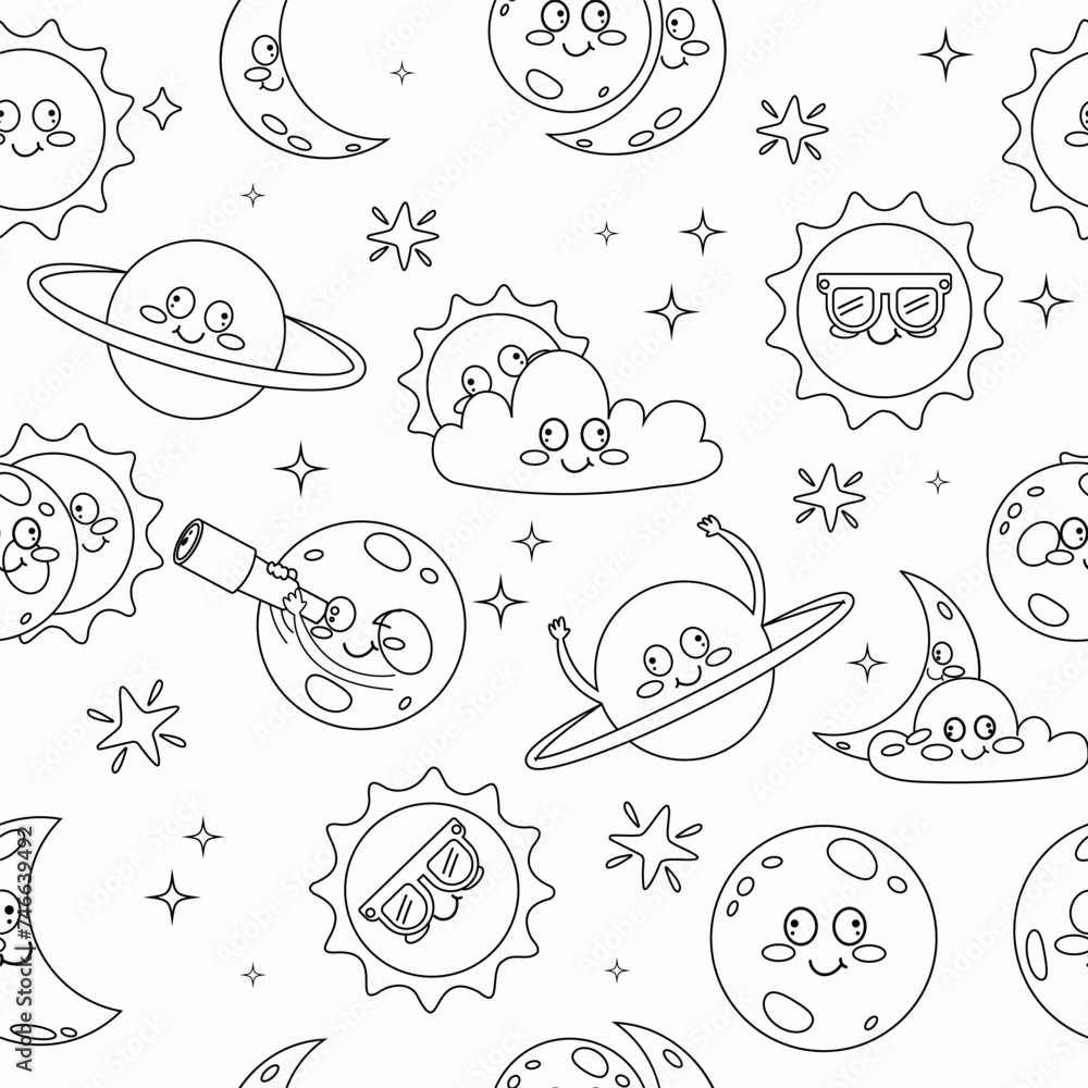 Seamless pattern outline kawaii solar eclipse in flat style Seamless pattern outline kawaii solar eclipse in flat style