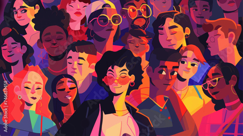 Diversity group of teens and children, colorful flat cartoon