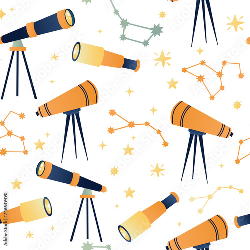 Seamless pattern of telescopes in flat style with stars