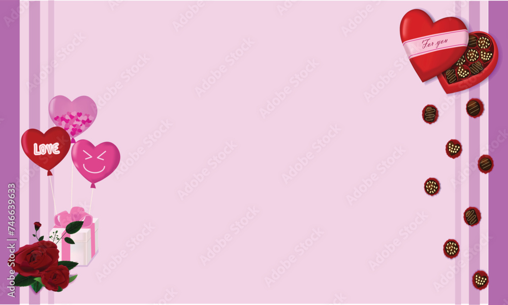 The chocolate hearts box with gift, rose and balloons on the purple banner, Vector illustration, greeting card design ,Valentine's day banner.